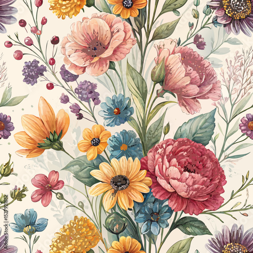 Vector Seamless Friendship Bouquet Background - Vibrant Watercolor Blossoms in Bright Colors, Cheerful and Uplifting Pattern