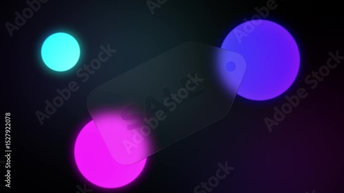 Business offer advertisement. Video with text loop animation. Glass morphism style. Word sale on glass discount tag frame appear and vanish. Design element for banner, ad