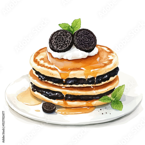 Oreo Stuffed Pancakes, watercolor illustration vector, high quality, isolated on a white background.