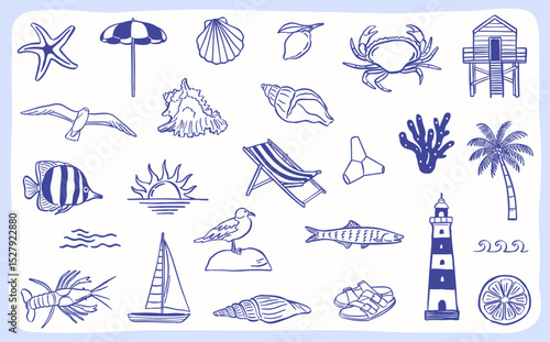 coastal doodle sketch icon illustration hand drawn collection set