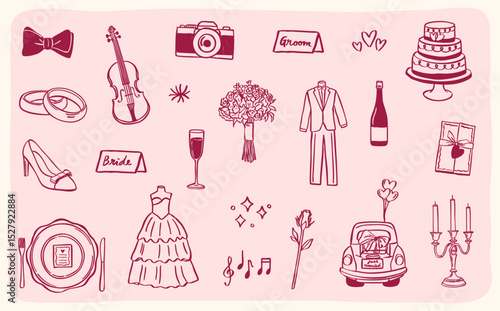 whimsical wedding doodle icon sketch hand drawn collection set