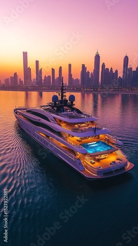 Large luxury yacht sailing in the ocean on city background at sunset