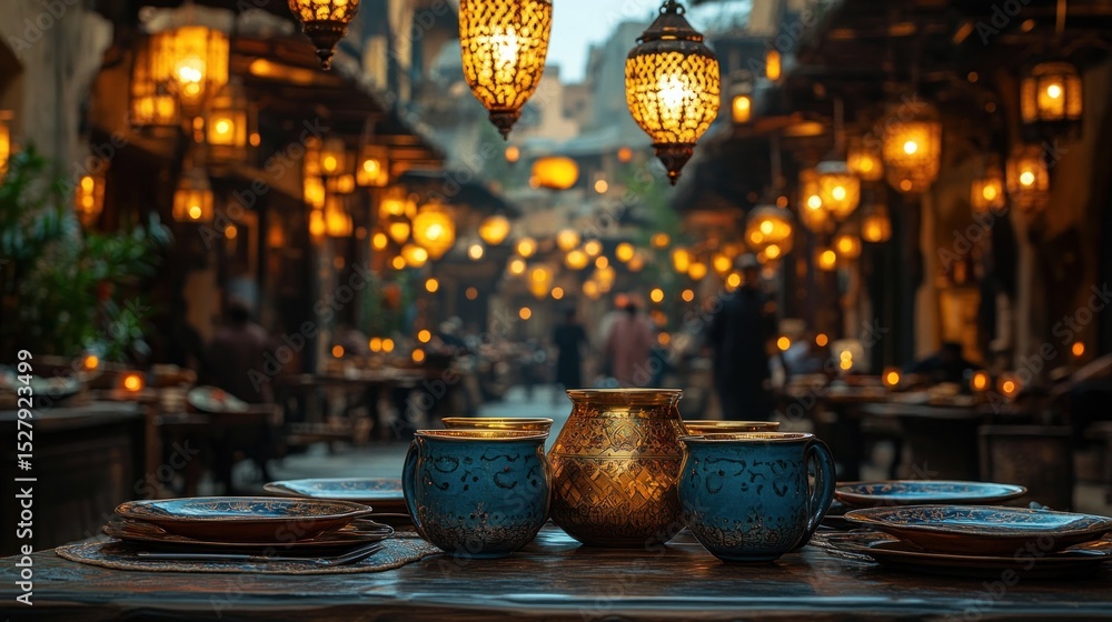 Fototapeta premium Empty table with ornate mugs and pitcher at a dimly lit outdoor restaurant in a bustling Arabian-style marketplace at night.