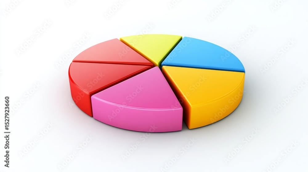 Fototapeta premium Colorful pie chart segmented into sections on a plain white background, sleek and modern, ideal for data visualization.