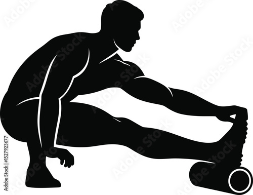 A silhouette of a muscular man stretching his leg with a foam roller on the floor in a fitness pose