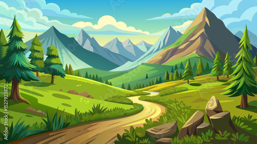 Serene mountain path winding through a verdant valley under a clear sky Very beautiful