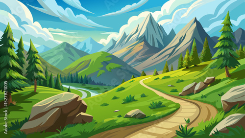 Serene mountain path winding through a verdant valley under a clear sky Very beautiful