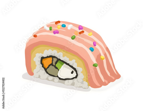 Whimsical dessert sushi roll illustration with colorful sprinkles and artistic design