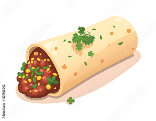 Appetizing illustration of a freshly made burrito with cilantro garnish and savory filling