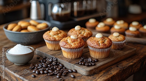 Delicious Coffee Muffins On Wooden Board In Rustic Style Photography Set With Various Colors And Textures For Food Bloggers And Bakers Inspiration And Ideas For Social Media Posts And Articles About
