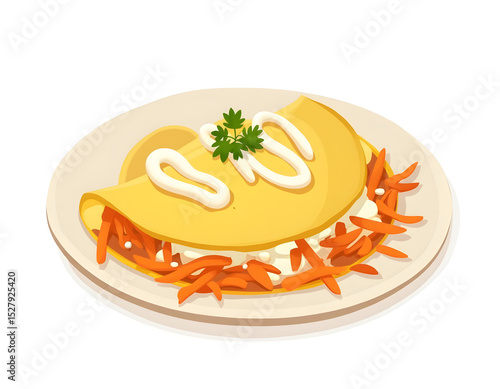 Delicious vegetarian crepe illustration with fresh topping on a white plate