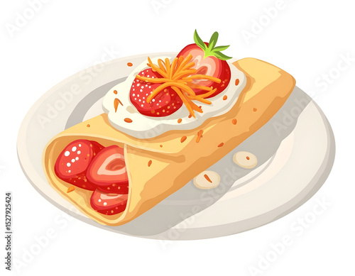 Delicious cartoon crepe filled with fresh strawberries and topped with whipped cream