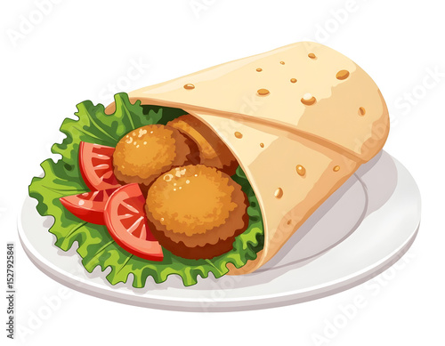 Delicious falafel wrap illustration with fresh vegetables on a white plate