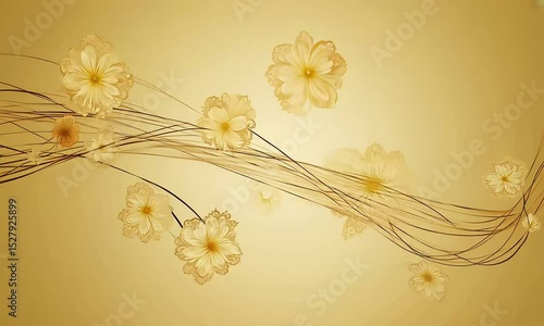 Elegant Gold Flowers Blooming on Brushstroke Line: Japanese-Inspired Floral Design for Special Occasions and Romantic Projects
