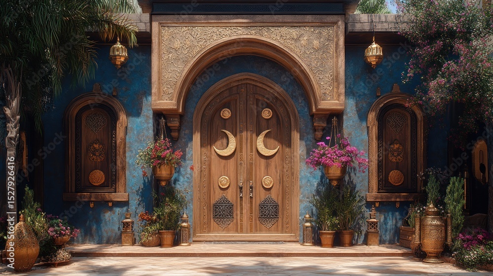Obraz premium Ornate wooden doors on a blue building with plants and lanterns.
