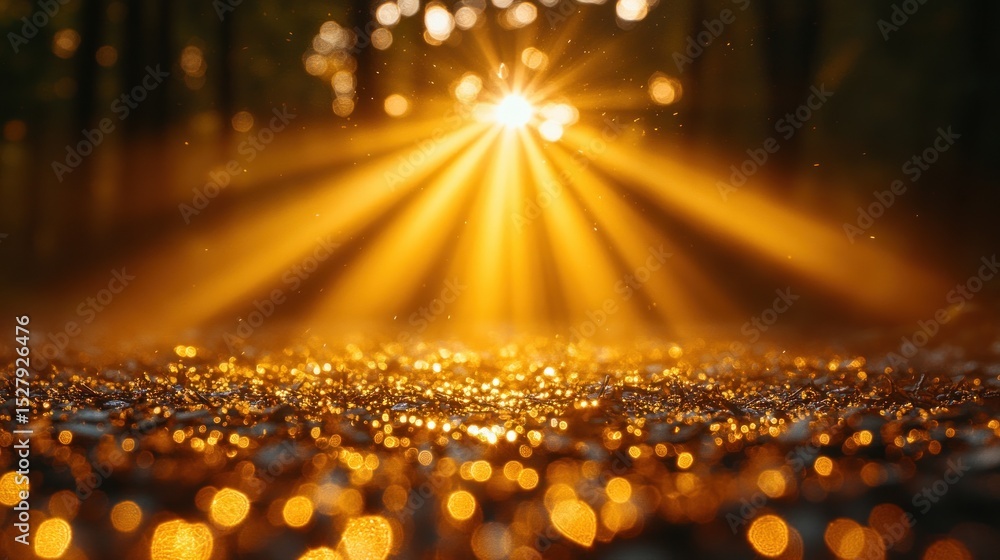 Naklejka premium Golden sunlight rays bursting through forest, illuminating sparkling ground.