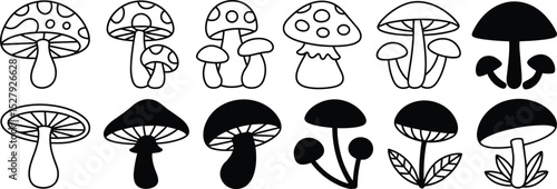 Cute hand-drawn mushroom illustrations, black and white vector mushrooms, cartoon fungi icons, outline and silhouette nature clipart set