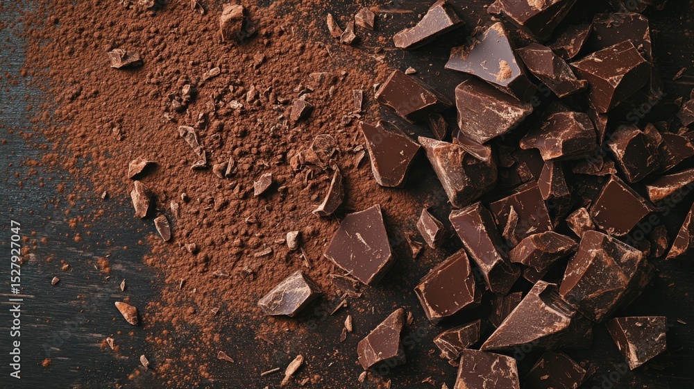 Rustic chocolate chunks and shavings scattered on a dark wooden board with cocoa powder, rich, textured, and artisanal. Rustic chocolate chunks and shavings scattered on a dark wooden board with cocoa powder, rich, textured, and artisanal.