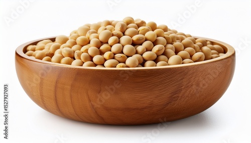 whole soybeans in round wooden bowl isolated on white background