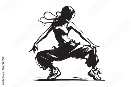 Hip hop dancer silhouette, bold ink sketch, vector illustration
