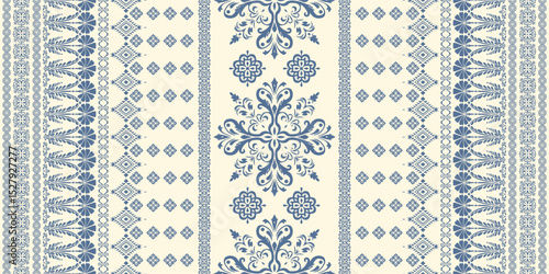 floral pattern vintage ethnic modern embroidery texture boho design vector illustration hand drawn pink flower motif branches leaves wallpaper seamless background border.