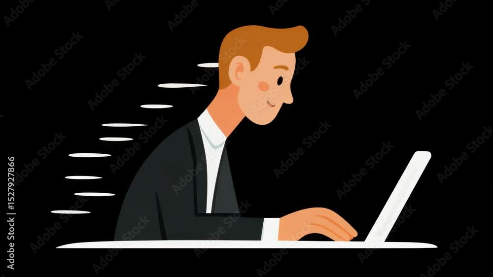 Animated Businessman Working on Laptop with Focused Expression in Simple Background Animated Businessman Working on Laptop with Focused Expression in Simple Background