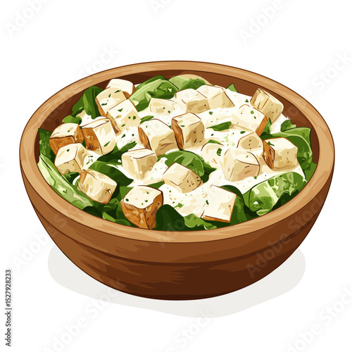 A wooden bowl of creamy caesar salad vector isolated on a white background