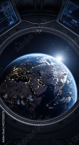 Earthrise view from space station porthole window
