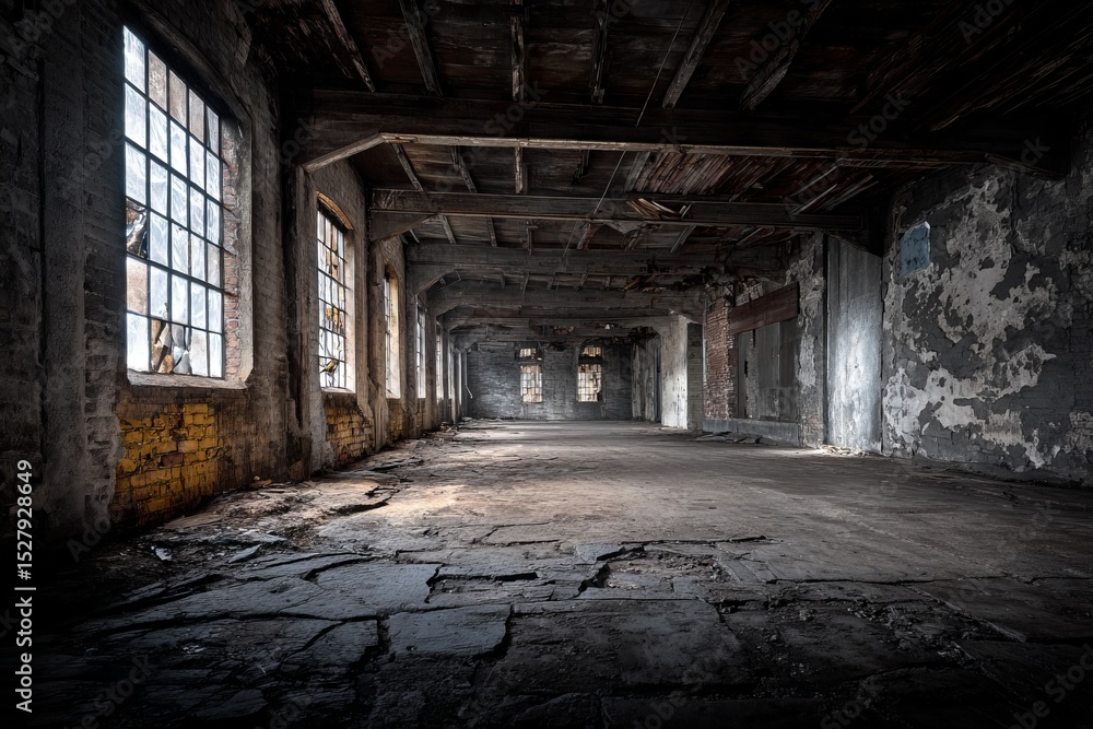 Fototapeta premium Dilapidated Interior with Cracked Floor and Large Windows in an Abandoned Industrial Structure Offering Natural Light