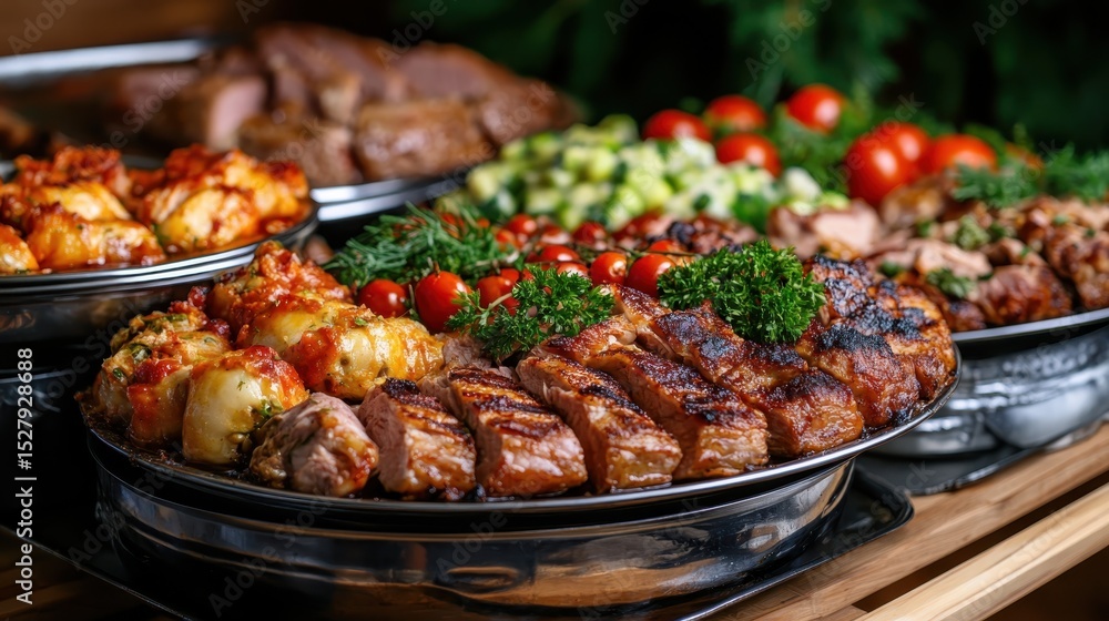 A platter filled with an assortment of grilled meats and garnished vegetables, showcasing rich colors and textures, appealing to the senses and evoking a festive atmosphere. A platter filled with an assortment of grilled meats and garnished vegetables, showcasing rich colors and textures, appealing to the senses and evoking a festive atmosphere.