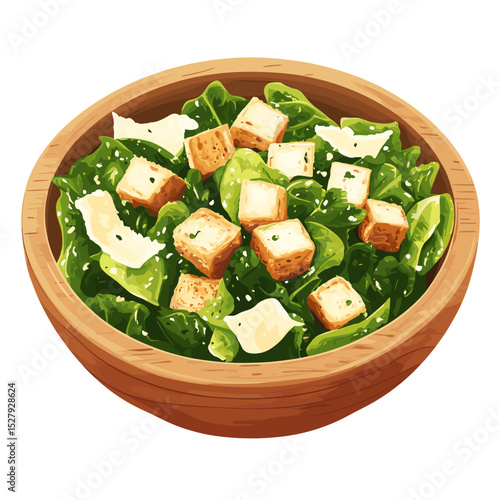 A wooden bowl of creamy caesar salad vector isolated on a white background