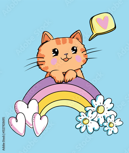 Cartoon cute kitten on the rainbow with heart and flowers in hand drawn style. Hand drawn vector illustration of cat for children tee, stickers, poster, card. Kitty kids print