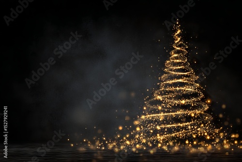 Glowing Christmas Tree Formed from Sparkling Light Trails on Dark Background Over Reflective Floor