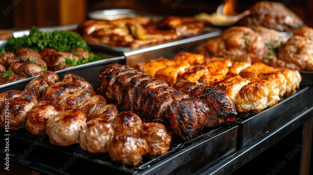 A mouthwatering display of grilled meats and vegetables, showcasing the art of barbecue and perfect for summer gatherings, featuring an array of textures and flavors. A mouthwatering display of grilled meats and vegetables, showcasing the art of barbecue and perfect for summer gatherings, featuring an array of textures and flavors.