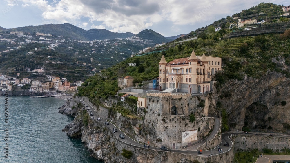Obraz premium Aerial view of the Amalfi Coast in the town of Maiori, Italy. Castello Mezzacapo