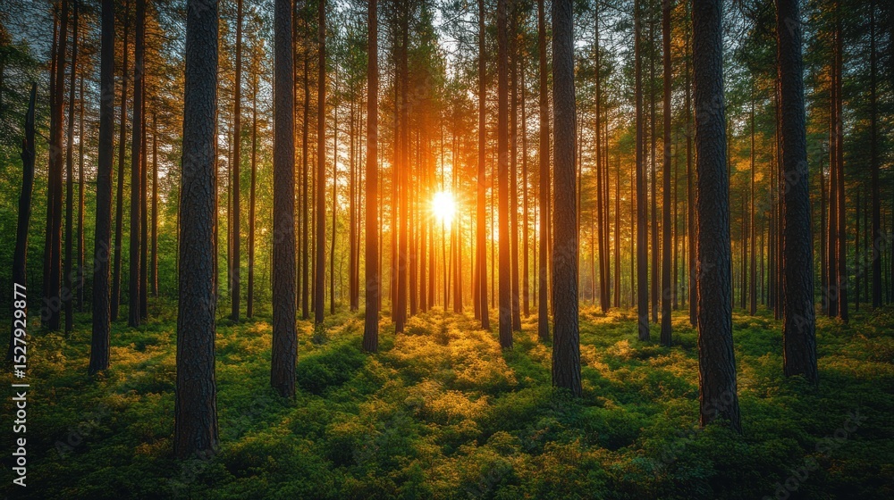 Fototapeta premium Sunset in a pine forest, sun rays through trees, nature scene.