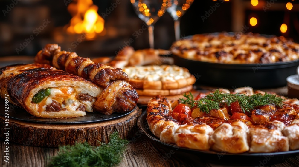 This inviting image showcases an array of baked goods, including savory pastries and sweet treats, elegantly arranged on a rustic wooden table, exuding warmth and culinary delight. This inviting image showcases an array of baked goods, including savory pastries and sweet treats, elegantly arranged on a rustic wooden table, exuding warmth and culinary delight.