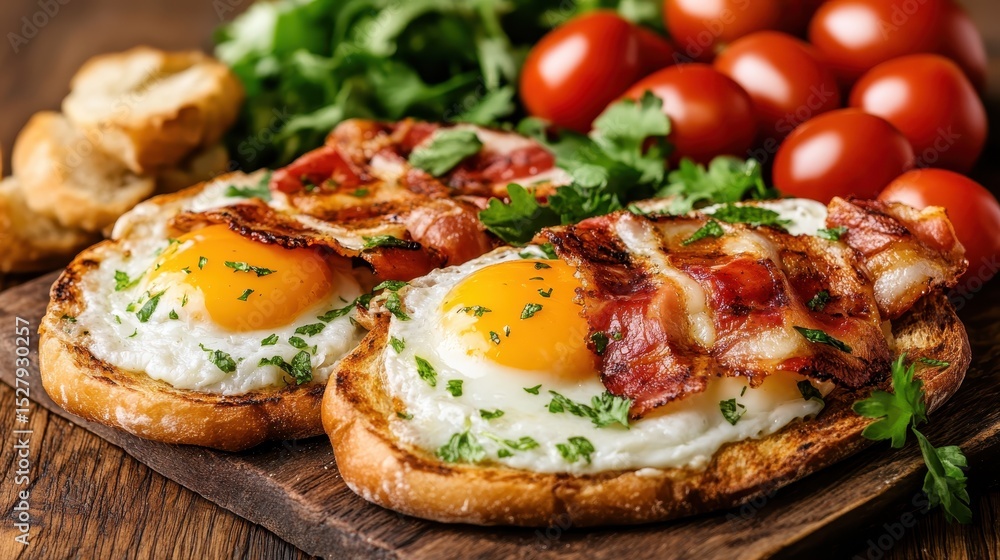 A delightful plate featuring perfectly cooked sunny-side-up eggs on toasted bread, complemented by crispy bacon and fresh tomatoes, ideal for a comforting breakfast treat. A delightful plate featuring perfectly cooked sunny-side-up eggs on toasted bread, complemented by crispy bacon and fresh tomatoes, ideal for a comforting breakfast treat.
