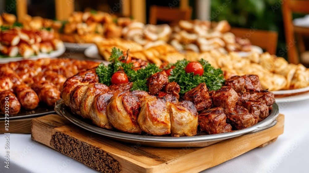 A mouthwatering display of assorted grilled meats and savory dishes arranged on a platter, ideal for gatherings, showcasing the joy of sharing delicious foods with friends. A mouthwatering display of assorted grilled meats and savory dishes arranged on a platter, ideal for gatherings, showcasing the joy of sharing delicious foods with friends.