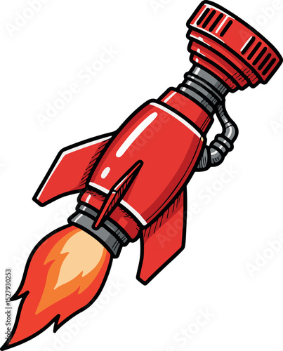 Red Cartoon Rocket Launching with Flame – Spacecraft Illustration for Science, Space Exploration, and Futuristic Design

