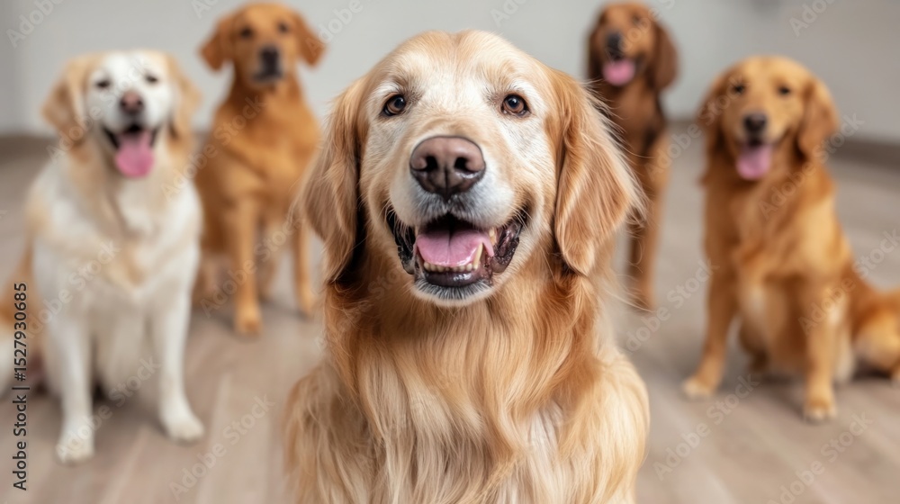 Group of five happy golden retrievers sitting indoors on a wooden floor Group of five happy golden retrievers sitting indoors on a wooden floor