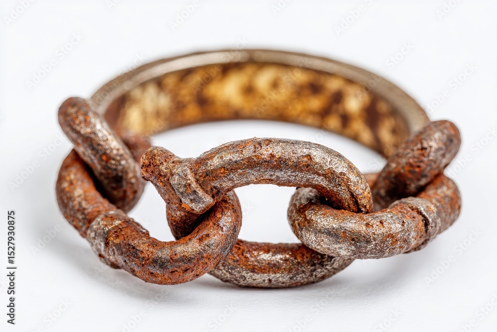 Fragment of Rusty Metallic Chain Links, Showing Corrosion and Wear on White Surface, Symbolic of Strength and Bond Fragment of Rusty Metallic Chain Links, Showing Corrosion and Wear on White Surface, Symbolic of Strength and Bond