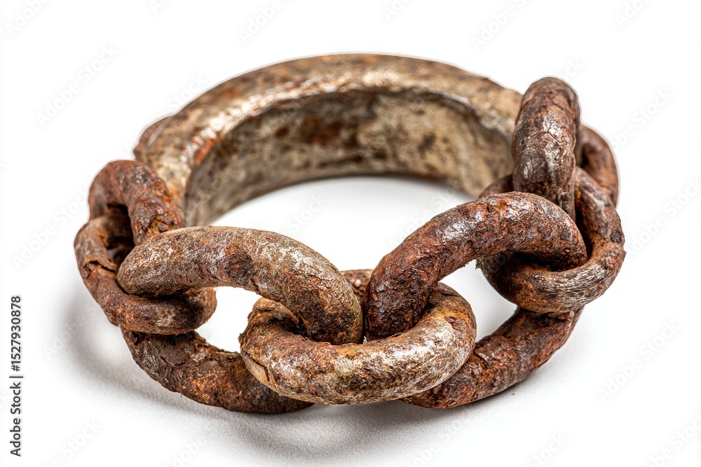 Aged chain links form circular shape, covered in rust and corrosion, showing decay on a white backdrop Aged chain links form circular shape, covered in rust and corrosion, showing decay on a white backdrop