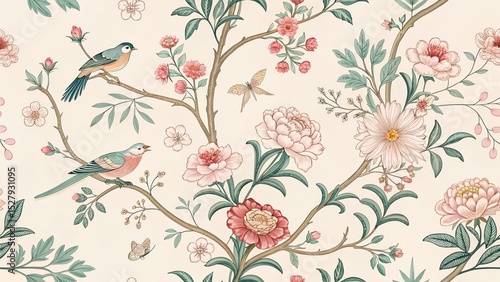 Seamless vintage chinoiserie garden pattern featuring decorative flowers and birds, designed for wallpaper illustration