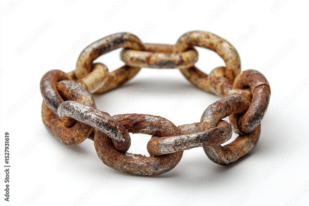 Detailed close-up of an aged, weathered metal chain loop with visible rust, erosion, and corrosion on a stark white background. Detailed close-up of an aged, weathered metal chain loop with visible rust, erosion, and corrosion on a stark white background.
