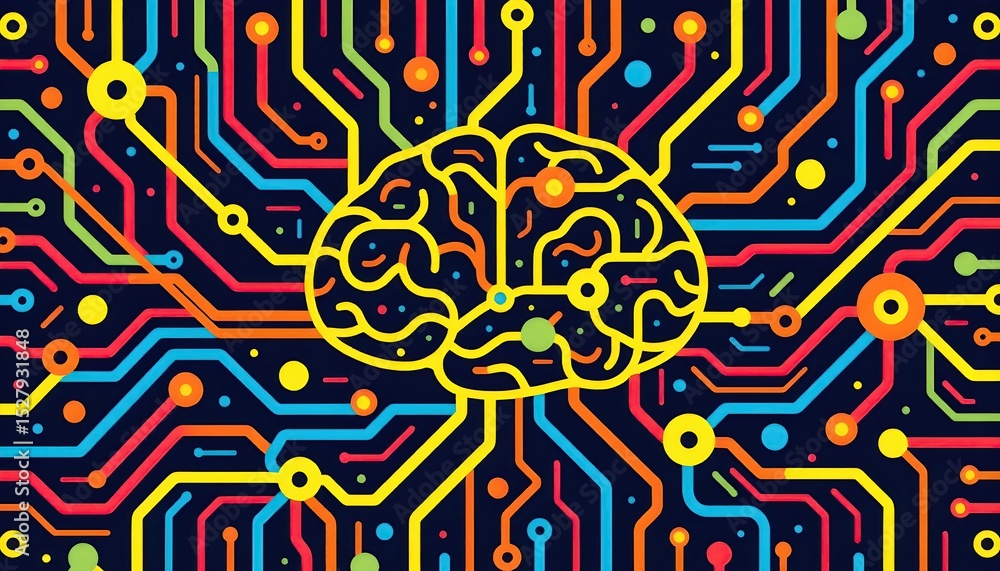 Fototapeta premium Abstract Brain Circuit Board Design with Colorful Lines and Patterns