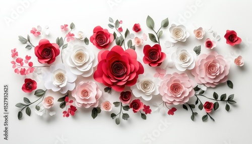 Stunning Artificial Paper Flowers Wall Pattern Featuring Gorgeous Red, Pink, And White Roses And Peonies For Mother'S Day Greetings Card. Top View With Copy Space.