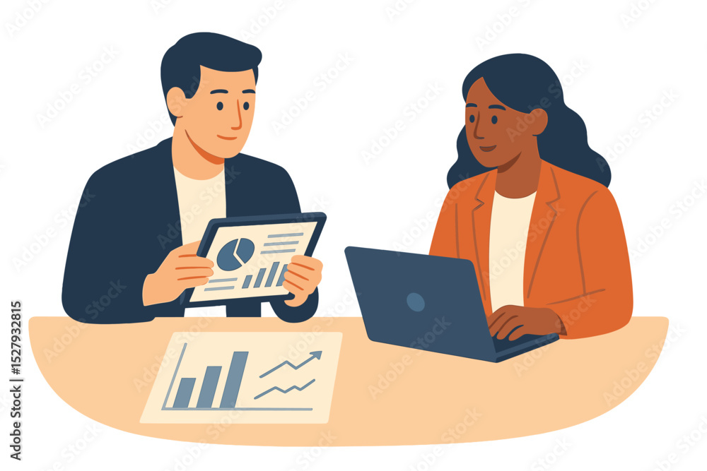 Business professionals reviewing data and graphs on tablet and laptop device together Business professionals reviewing data and graphs on tablet and laptop device together
