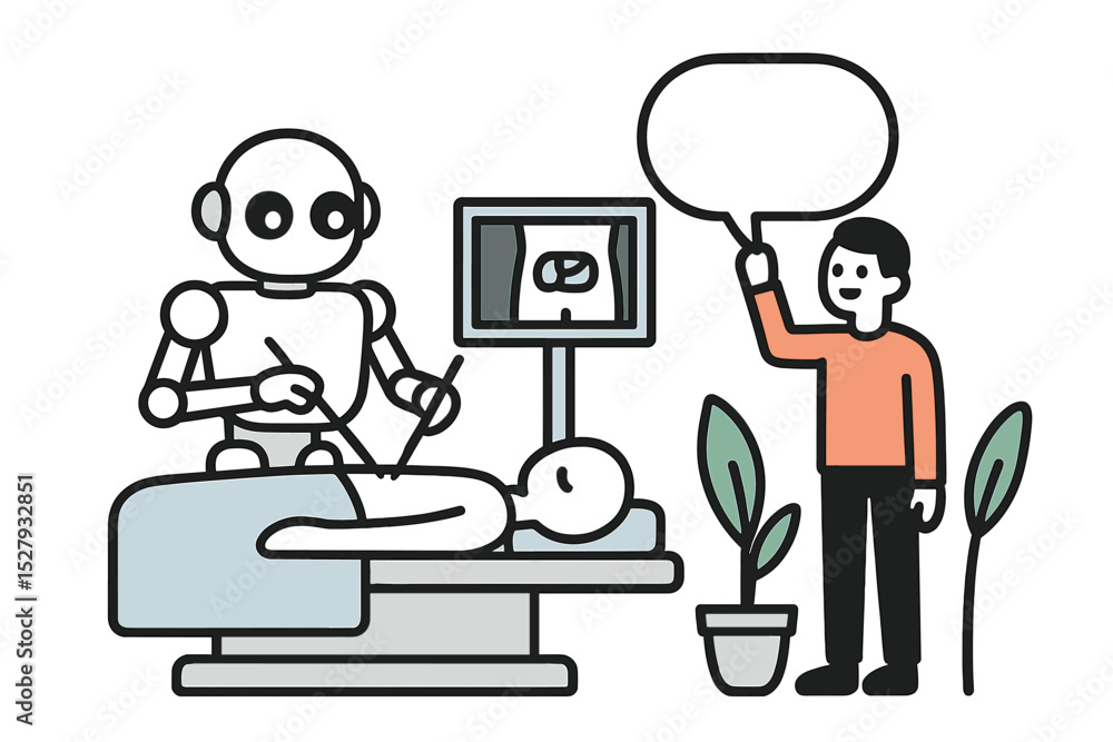 Robot surgeon performing surgery on patient with doctor present in operating room, vector illustration