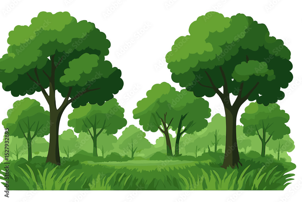 Vector illustration shows a forest with trees and green grass during daytime